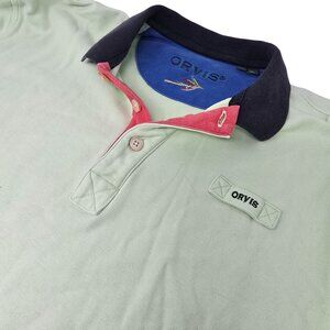 Orvis‎ Mens Polo Shirt Colorblock Green Blue Trim Short Sleeve L